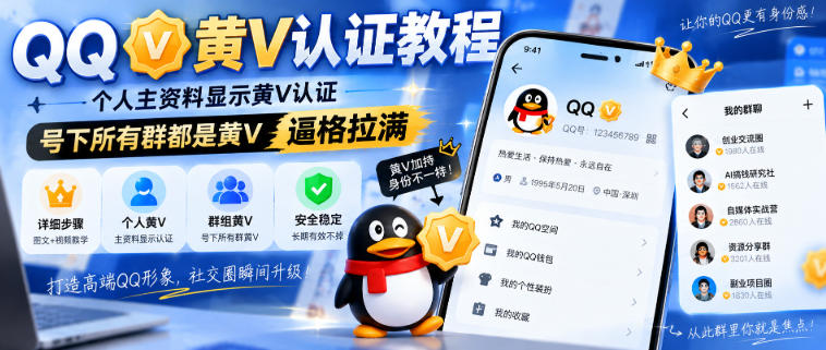 QQ黄V认证教程，个人主资料显示黄V认证，号下所有群都是黄V，逼格拉满-网创在线