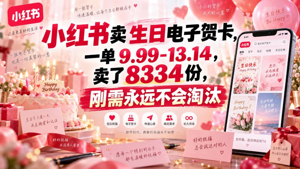 小红书卖生日电子贺卡，一单9.99-13.14，卖了8334份，刚需永远不会淘汰-网创在线
