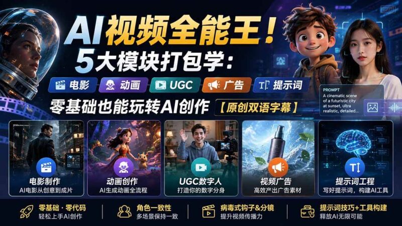 （20048期）AI视频全能王！5大模块打包学：电影、动画、UGC、广告、提示词，零基础也能玩转AI创作【原创双语字幕】-网创在线