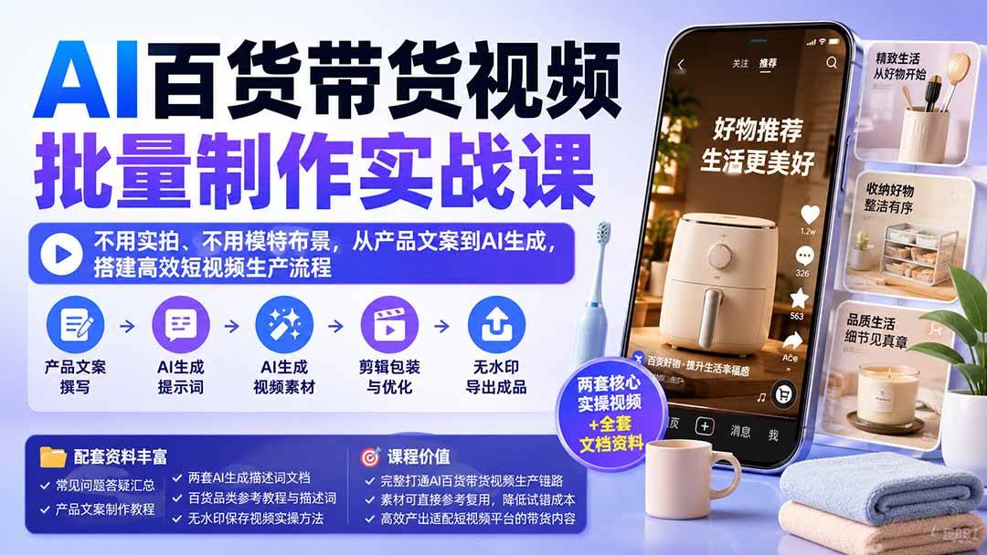 （20179期）AI百货带货视频批量制作实战课：不用实拍、不用模特布景，从产品文案到AI生成，搭建高效短视频生产流程-网创在线