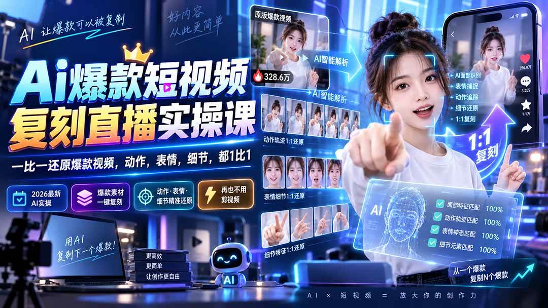 （20304期）最新Ai爆款短视频复刻直播实操课，一比一还原爆款视频，动作，表情，细节，都1比1-网创在线