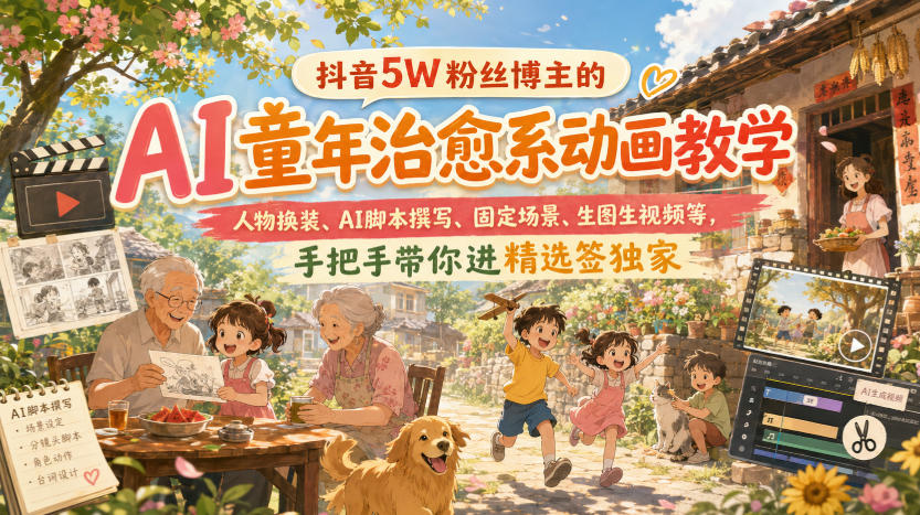 抖音5W粉丝博主的AI童年治愈系动画教学，人物换装、AI脚本撰写、固定场景、生图生视频等，手把手带你进精选签独家-网创在线