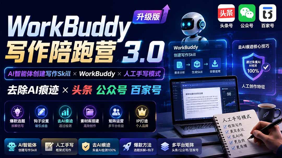 （20311期）WorkBuddy写作陪跑营3.0-更新：Ai智能体创建写作Skill×WorkBuddy×人工手写模式×去除AI痕迹×头条公众号百家号-网创在线