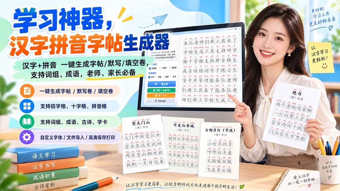 （20299期）学习神器，汉字拼音字帖生成器，汉字+拼音 一键生成字帖/默写/填空卷，支持词组、成语，老师、家长必备-网创在线