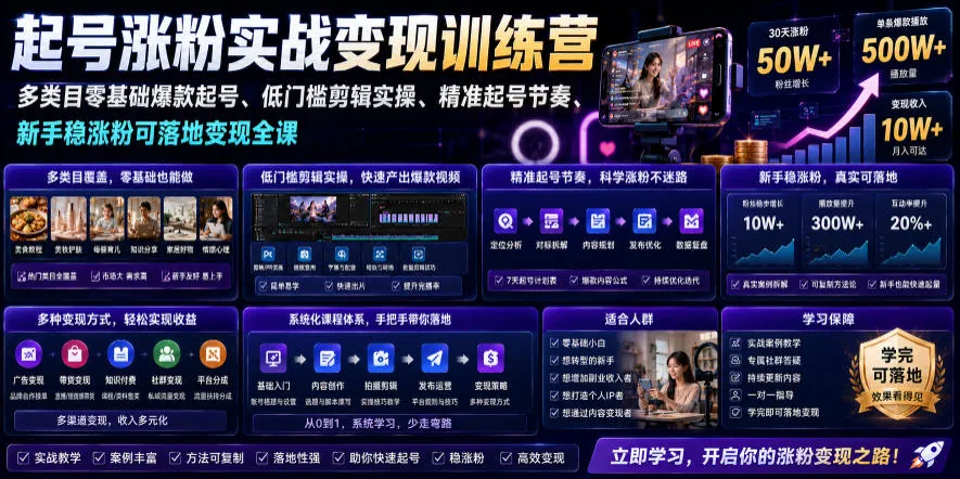 苗子起号涨粉实战变现训练营,多类目零基础爆款起号、精准起号节奏、新手稳涨粉可落地变现全课(更新0719) - 网创在线