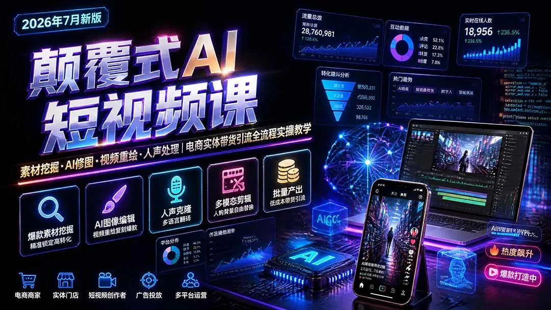颠覆式AI短视频课|素材挖掘,AI修图,视频重绘,人声处理|电商实体带货引流全流程实操教学 - 网创在线