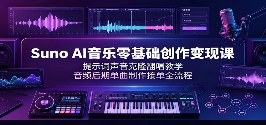 Suno AI音乐零基础创作变现课：提示词声音克隆翻唱教学，音频后期单曲制作接单全流程 - 网创在线