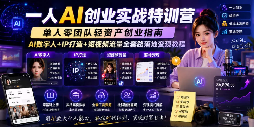 一人AI创业实战特训营，单人零团队轻资产创业指南，AI数字人+IP打造+短视频流量全套路落地变现教程 - 网创在线