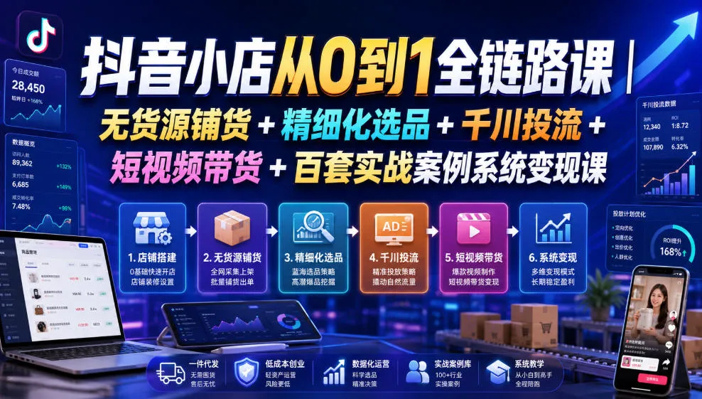 抖音小店从0到1全链路课|无货源铺货+精细化选品+千川投流+短视频带货+百套实战案例系统变现课(2026年7月更新) - 网创在线