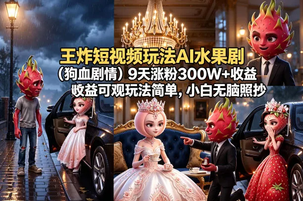 王炸短视频玩法AI水果剧(狗血剧情)9天涨粉300W+收益可观玩法简单，小白无脑照抄，详细拆解玩法 - 网创在线