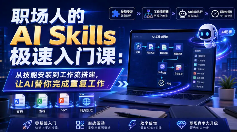 职场人的AI Skills极速入门课：从技能安装到工作流搭建，让AI替你完成重复工作 - 网创在线