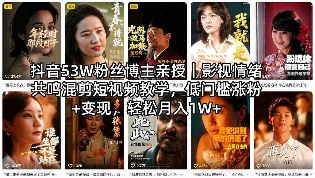 抖音53W粉丝博主亲授｜影视情绪共鸣混剪短视频教学，低门槛涨粉+变现，轻松月入1W+ - 网创在线