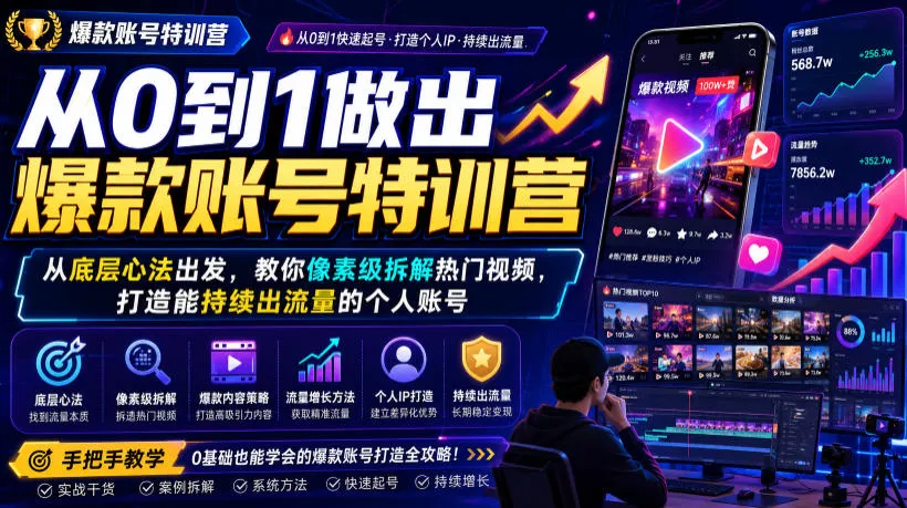 从0到1做出爆款账号特训营，从底层心法出发，教你像素级拆解热门视频，打造能持续出流量的个人账号 - 网创在线