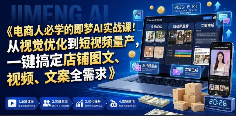 电商人必学的即梦AI实战课！从视觉优化到短视频量产，一键搞定店铺图文、视频、文案全需求 - 网创在线