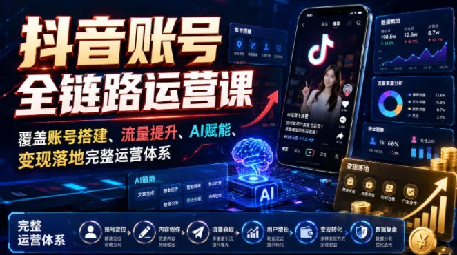 抖音账号全链路运营课，覆盖账号搭建、流量提升、AI赋能、变现落地完整运营体系 - 网创在线