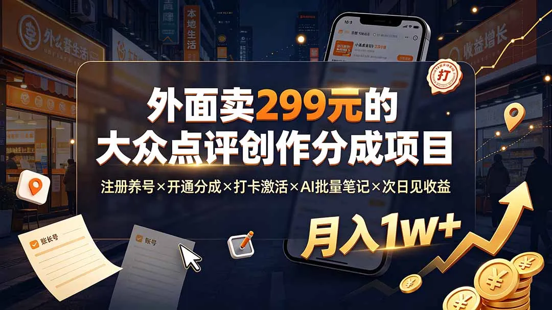 外面卖299元的大众点评创作分成项目：注册养号×开通分成×打卡激活×AI批量笔记×次日见收益，月入1w+ - 网创在线