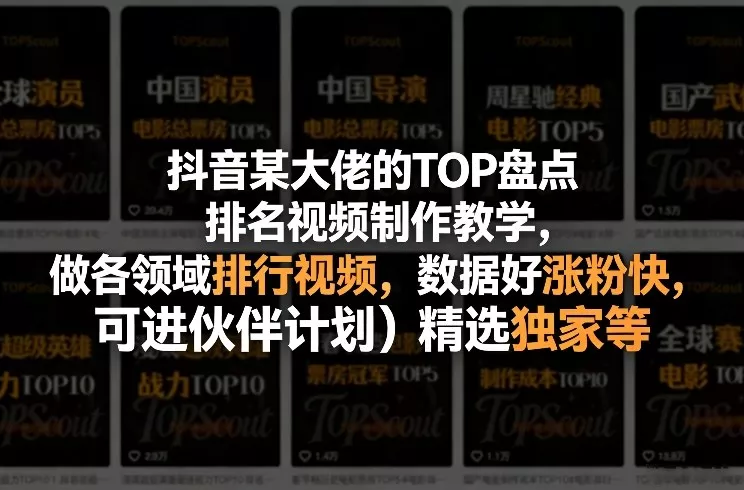 抖音某大佬的TOP盘点排名视频制作，做各领域排行视频，数据好涨粉快，可进伙伴计划＋精选独家等 - 网创在线