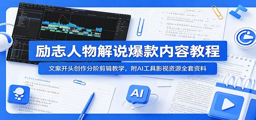 励志人物解说爆款内容教程：文案开头创作分阶剪辑教学，附AI 工具影视资源全套资料 - 网创在线