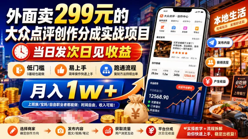 外面卖299元的大众点评创作分成实战项目，当日发次日见收益，低门槛易上手，跑通流程月入1w+ - 网创在线