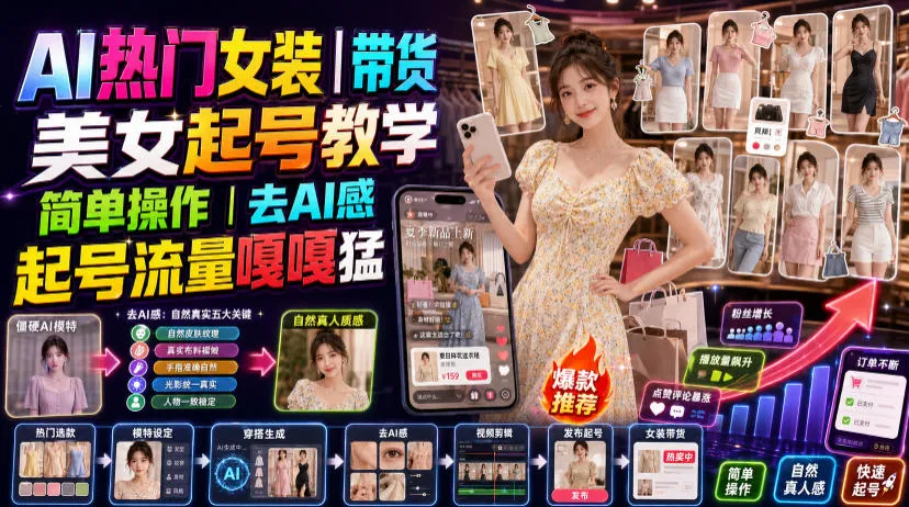 AI热门女装带货丨美女起号教学，简单操作，去AI感，起号流量嘎嘎猛 - 网创在线