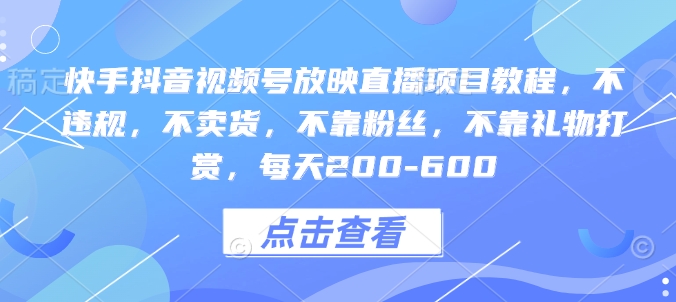 快手抖音视频号放映直播项目教程，不违规，不卖货，不靠粉丝，不靠礼物打赏，每天200-600-网创在线