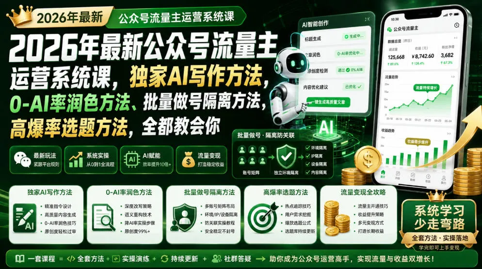 2026年最新公众号流量主运营系统课，独家AI写作方法，0-AI率润色方法、批量做号隔离方法、高爆率选题方法，全都教会你 - 网创在线