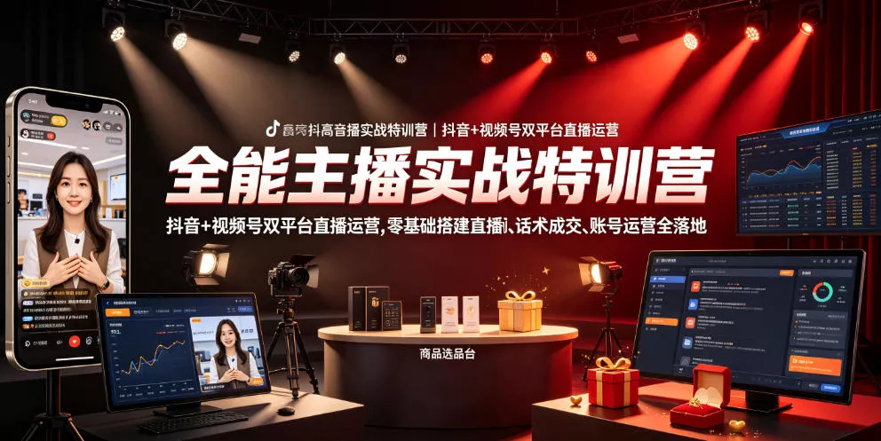 全能主播实战特训营｜抖音+视频号双平台直播运营，零基础搭建直播间、精准选品、话术成交、账号运营全落地 - 网创在线