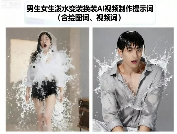 男生女生泼水变装换装AI视频制作提示词(含绘图词、视频词) - 网创在线