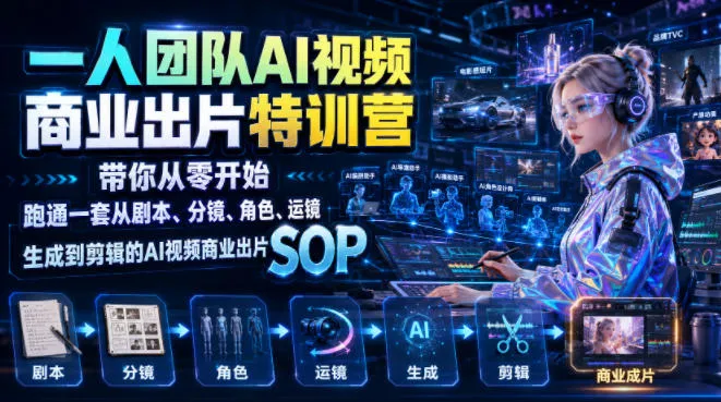一人团队AI视频商业出片实战课：带你从零开始跑通一套从剧本、分镜、角色、运镜、生成到剪辑的AI视频商业出片SOP - 网创在线