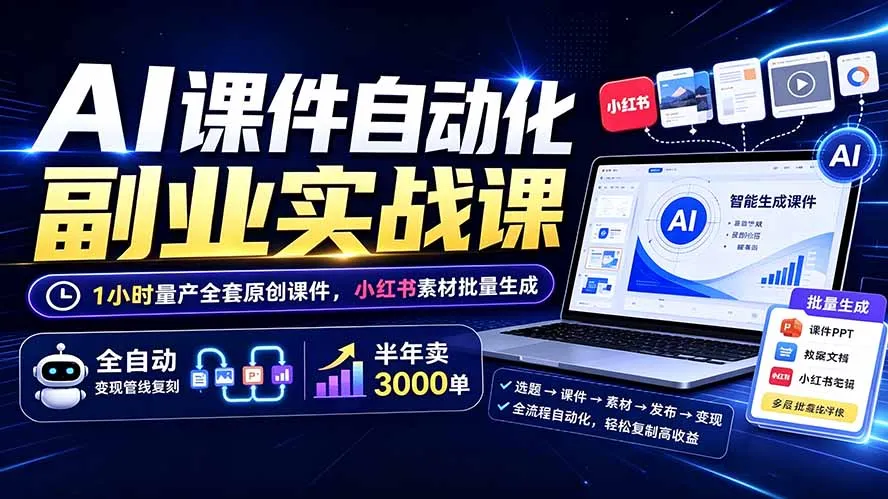 AI课件自动化副业实战课：1小时量产全套原创课件×小红书素材批量生成×全自动变现管线×半年卖3000单 - 网创在线