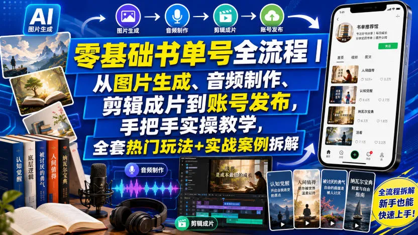 零基础书单号全流程|从图片生成、音频制作、剪辑成片到账号发布,手把手实操教学,全套热门玩法+实战案例拆解 - 网创在线