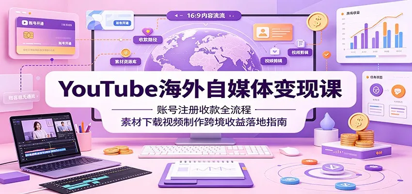 YouTube海外自媒体变现课：账号注册收款全流程，素材下载视频制作跨境收益落地指南 - 网创在线
