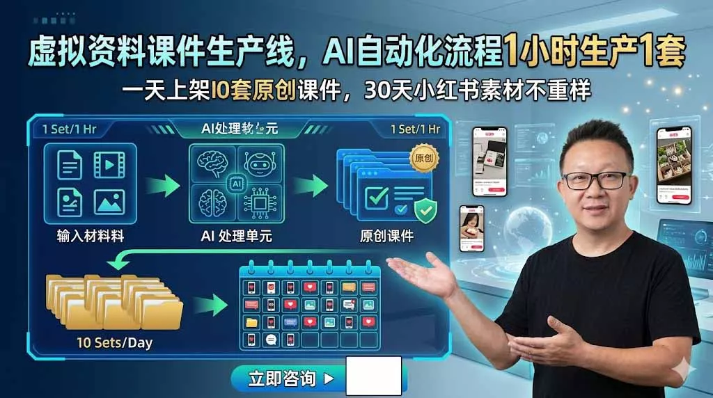 虚拟资料课件生产线，AI自动化流程1小时生产1套，一天上架10套原创课件，30天小红书素材不重样 - 网创在线