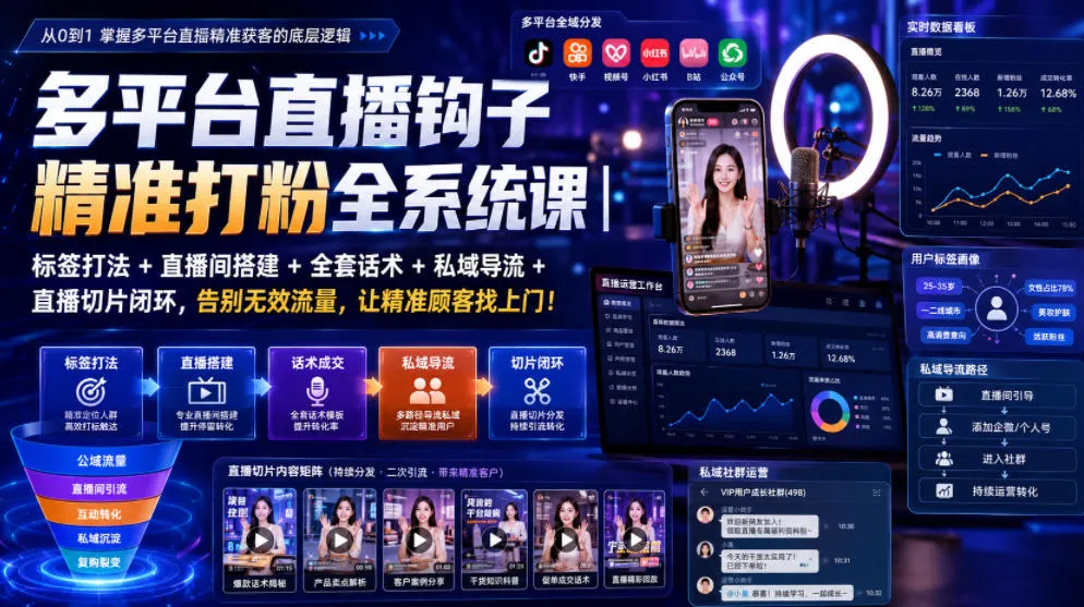 多平台直播钩子精准打粉全系统课｜标签打法+直播间搭建+全套话术+私域导流+直播切片闭环，告别无效流量，让精准顾客找上门！ - 网创在线
