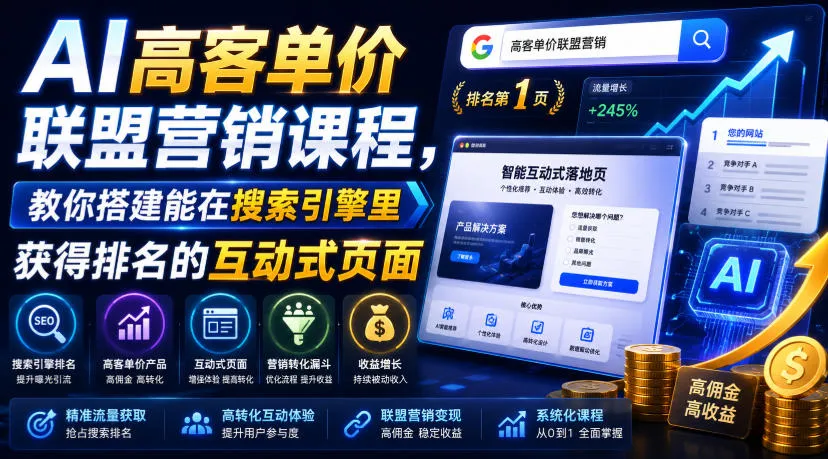 AI高客单价联盟营销课程，教你搭建能在搜索引擎里获得排名的互动式页面，引来流量，把访客转化为高佣金的成交【原创双语字幕】 - 网创在线