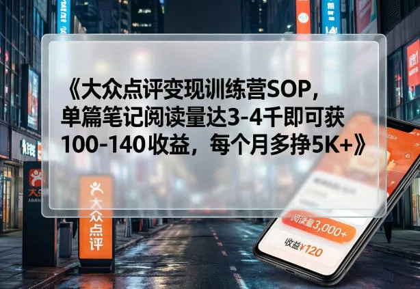 大众点评变现训练营SOP，单篇笔记阅读量达3-4千即可获100-140收益，每个月多挣5K+ - 网创在线