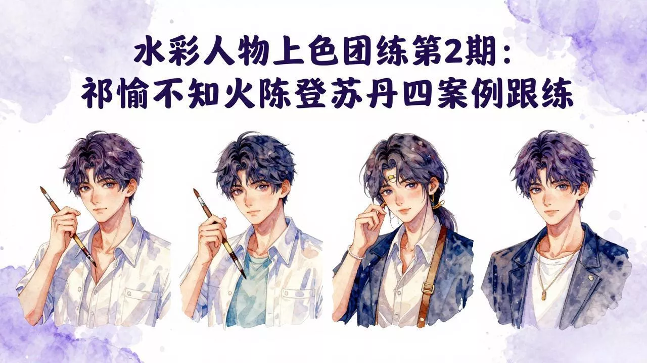 水彩人物上色团练第2期：祁煜不知火陈登苏丹四案例跟练，手把手提升绘画能力 - 网创在线