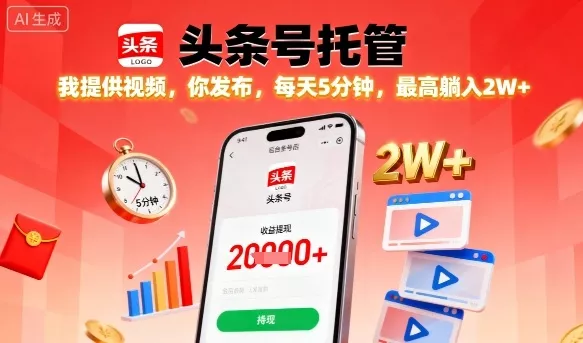 【头条号托管】我提供视频，你发布，每天5分钟，最高躺入2W+【揭秘】 - 网创在线