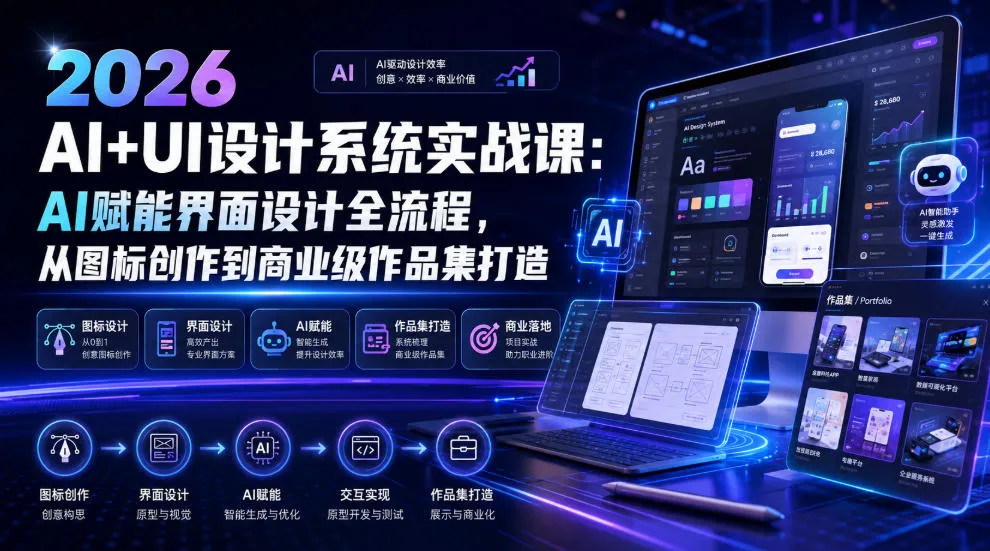 2026 AI+UI设计系统实战课：AI赋能界面设计全流程，从图标创作到商业级作品集打造 - 网创在线