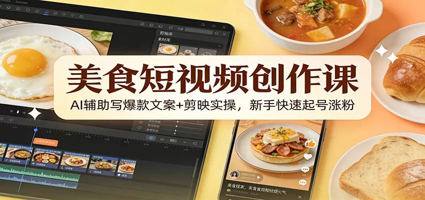 美食短视频创作课：AI辅助写爆款文案+剪映实操，新手快速起号涨粉 - 网创在线