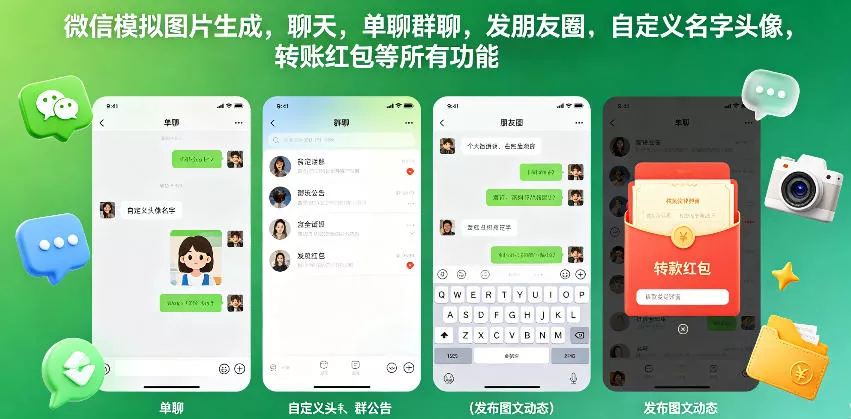 微信模拟图片生成，聊天，单聊群聊，发朋友圈，自定义名字头像，转账红包等所有功能都可以生成 - 网创在线