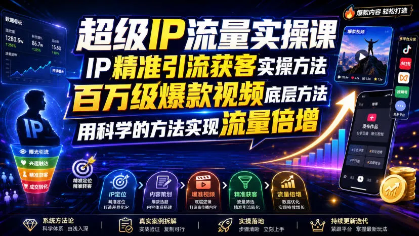 超级IP流量实操课，IP精准引流获客实操方法，百万级爆款视频底层方法，用科学的方法实现流量倍增 - 网创在线