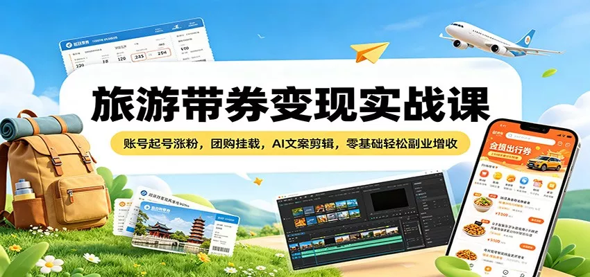 旅游带券变现实战课：账号起号涨粉，团购挂载，AI文案剪辑，零基础轻松副业增收 - 网创在线