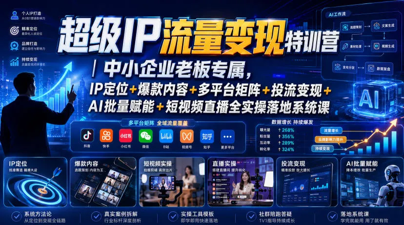 超级IP流量变现特训营|中小企业老板专属,IP定位+爆款内容+多平台矩阵+投流变现+AI批量赋能+短视频直播全实操落地系统课 - 网创在线