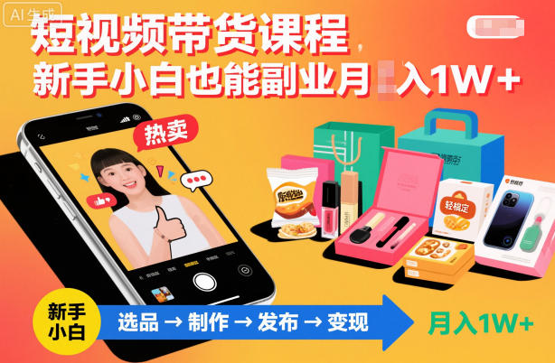 短视频带货课程,新手小白也能副业月入1W+,轻松搞定