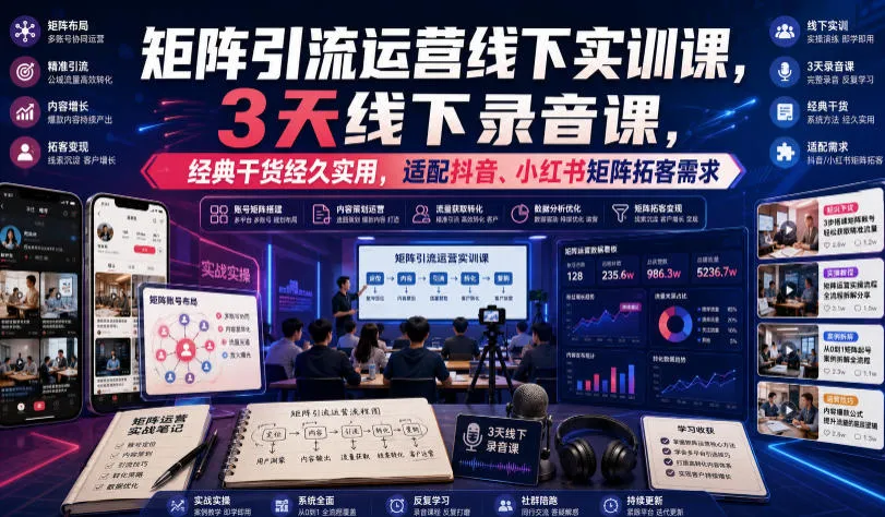 嗨推矩阵引流运营线下实训课，3天线下录音课，经典干货经久实用，适配抖音、小红书矩阵拓客需求 - 网创在线