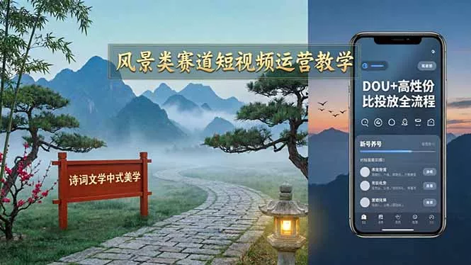 风景类赛道短视频运营教学：诗词文学中式美学，新号养号对标账号定位，DOU+高性价比投放全流程 - 网创在线