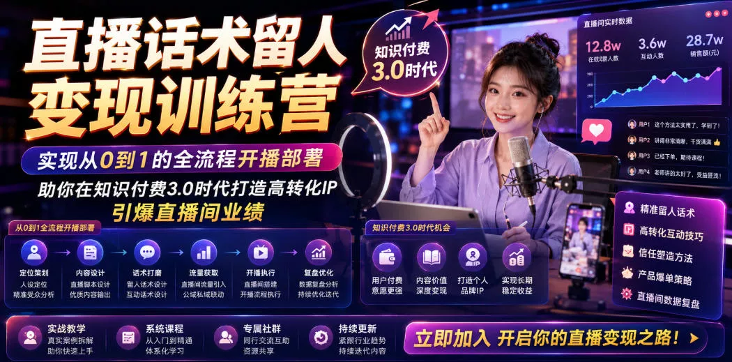 直播话术留人变现训练营，实现从0到1的全流程开播部署，助你在知识付费3.0时代打造高转化IP，引爆直播间业绩 - 网创在线