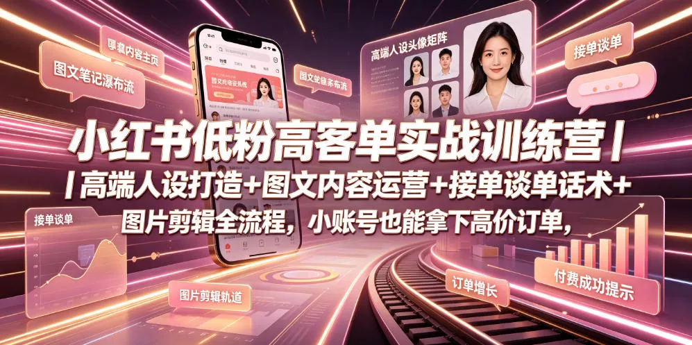 小红书低粉高客单实战训练营｜高端人设打造+图文内容运营+接单谈单话术+图片剪辑全流程，小账号也能拿下高价订单 - 网创在线