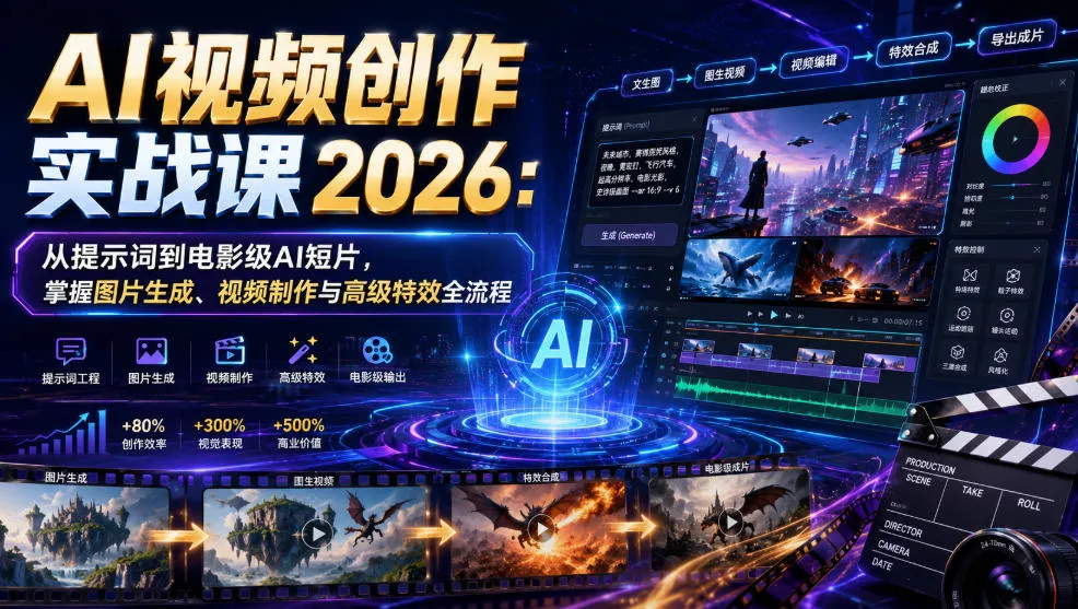 AI视频创作实战课2026：从提示词到电影级AI短片，掌握图片生成、视频制作与高级特效全流程 - 网创在线